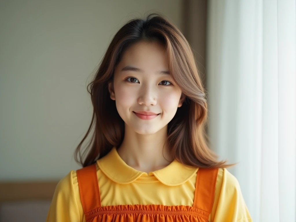 

prompt : face close-up of young korean woman , smirk, long brown natural loose hair. she dress in orange sleeveless dress paired with a yellow t-shirt underneath. The dress has a simple, youthful design with a gathered waist, and the shirt features a rou...