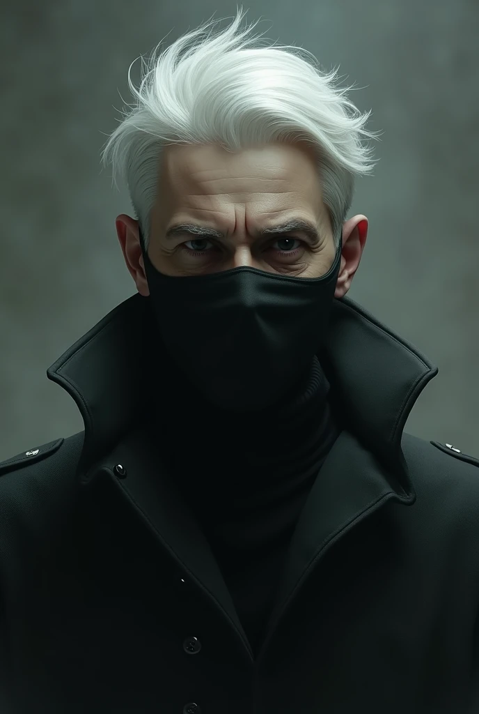 A white-haired guy is a mask just covering his mouth 