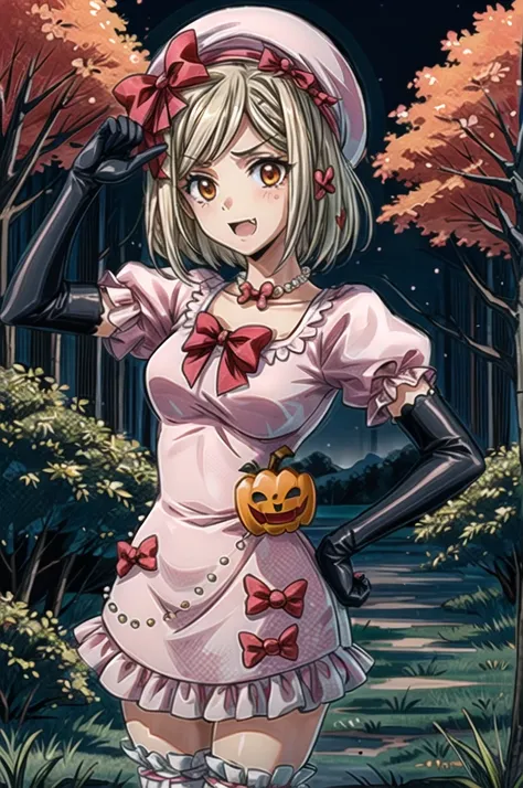 (masterpiece),(best quality), lambdadelta, fang,  dress,  striped stockings, pearl, red bow, pink hat, pumpkin brooch, necklace, gloves, bare tree, bush, night, fog, forest, grass, nature, outdoors, plant, scenery, solo, standing, tree,