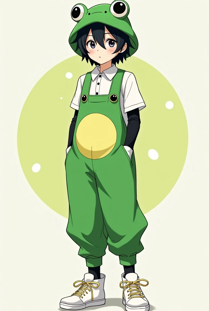 Anime boy, green jumpsuit with a frog in the middle, white blouse under the jumpsuit , black sleeves, frog hat , Happy big black hair , and white sneakers,