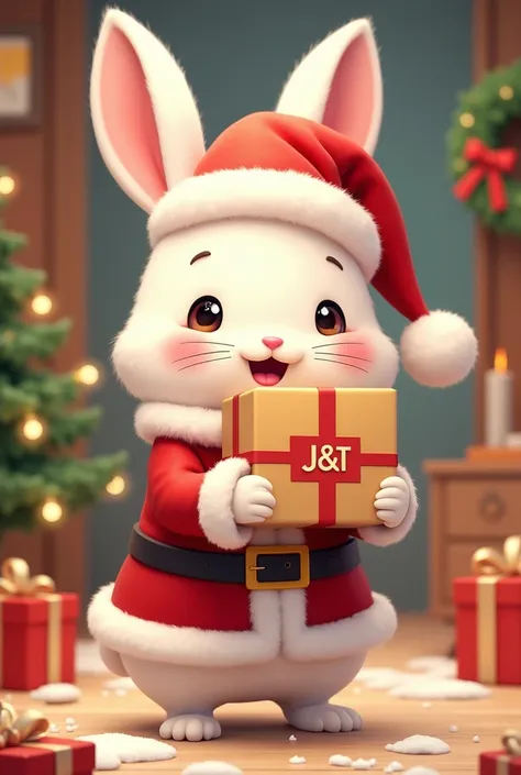 I want a cutest rabbit wear Santa Claus and their hand got J&T parcel to give customer background Christmas celebration write merry Christmas 