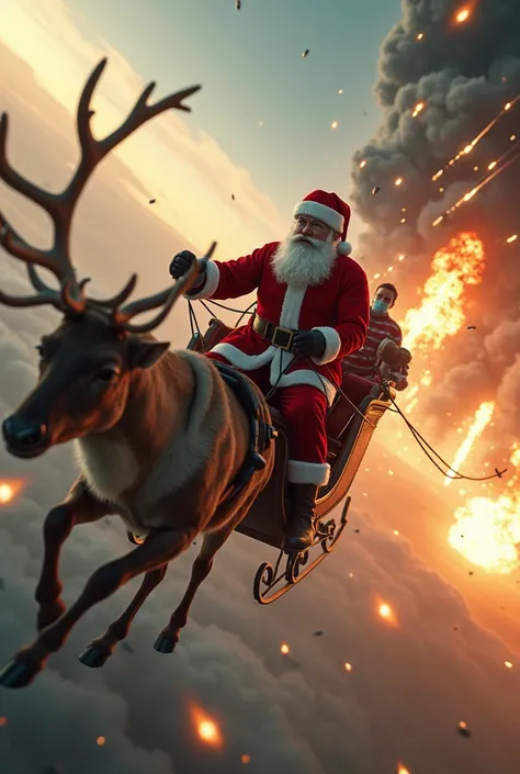 Santa Claus to riding on his sleigh and reindeer dodging a missiles flying towards him in the sky. Dynamic action view. War film cinematography. extreme details. explosion. fire. flames. 