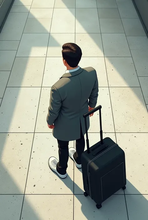 Point of view high angle from someone standing with a carry-on suitcase, wearing a grey overcoat, black pants and white sneakers, on speckled tile flooring.