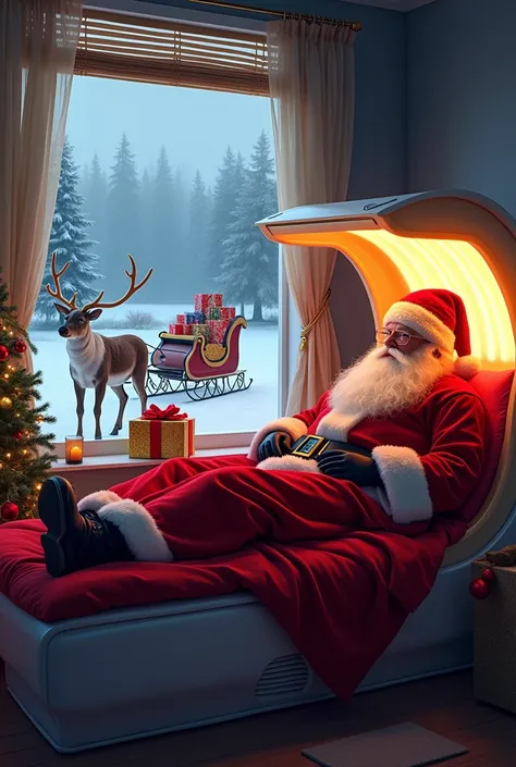 **Prompt:**  
Create a realistic image of Santa Claus inside a tanning bed at a beauty center, relaxing as he tries to tan. The scene is cozy and well-lit, with the tanning bed glowing softly. Outside a nearby window, his reindeer are waiting patiently, hi...