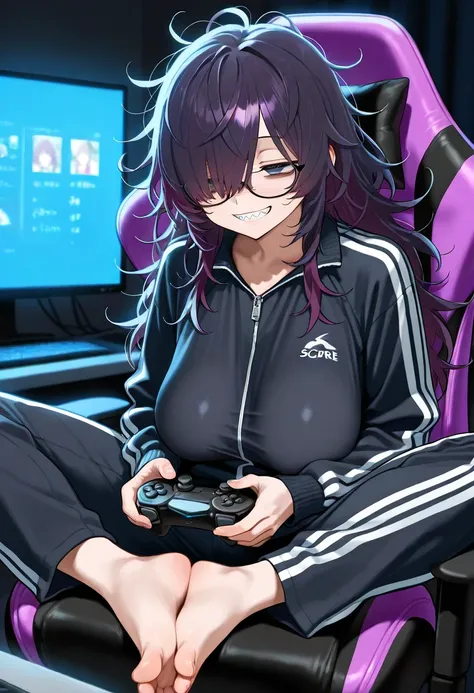 (masterpiece, best quality, amazing quality, very aesthetic, absurdres, newest:1), masterpiece,best quality,amazing quality,1girl,solo,solo girl,long hair,dark purple hair, ((messy hair)), hair over one eye,bags under eyes ,jitome ,half closed eyes,glasses...