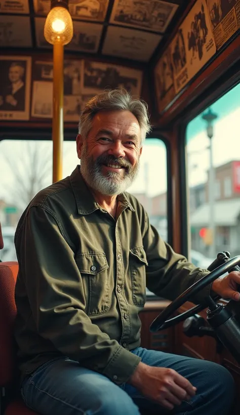 Adrián with a beard with a small smile, a bus driver ,  decorated his vehicle with old photographs of the neighborhood. 