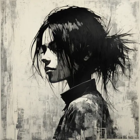 Detailed, top quality, ashley_wood,1 girl, wood cut, black, grey and white tricolor printing, mid-length hair, light from the left, face emerging with light and shadow, hard paper texture, masterpiece