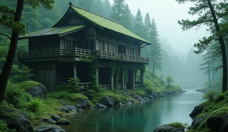 An abandoned Japanese-style wooden building nestled in a lush green forest by a clear river, surrounded by tall pine trees and smooth rocks. The building is weathered and covered in thick green moss, with broken railings and vines creeping up the walls. Th...