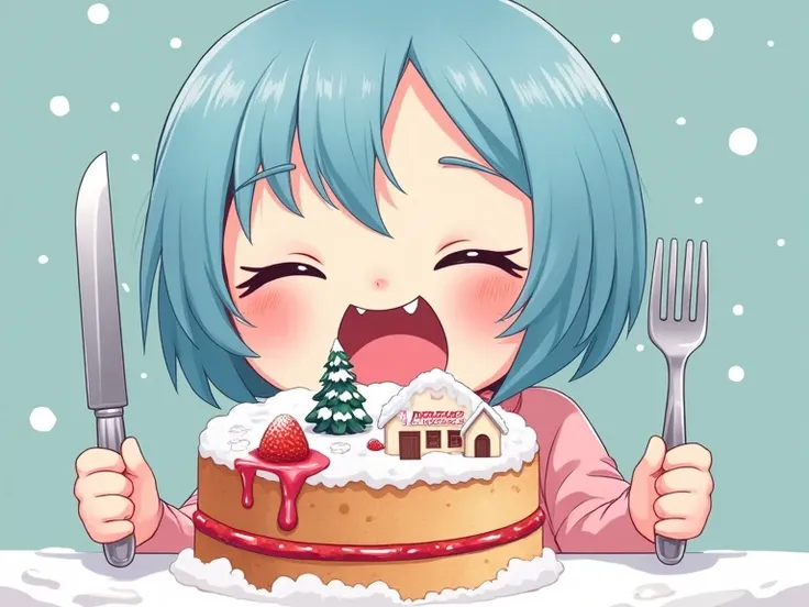 A potrait of a cute girl face. Her eyes are closed in happy expression. Her drooling mouth is open so wide, ready to eat a snowy huge christmas cake. Sky blue bob style hair. Pink cute dress. Her hands are holding knife and fork, ready to cut the cake. 
Th...