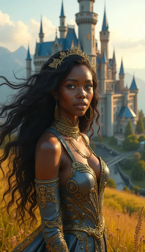 An Afro-American warrior princess with smooth ebony skin, mesmerizing blue eyes, and flowing hair with golden and honey highlights. She wears a futuristic yet royal gown with shimmering metallic details. The scene is set in front of an enormous fairytale c...