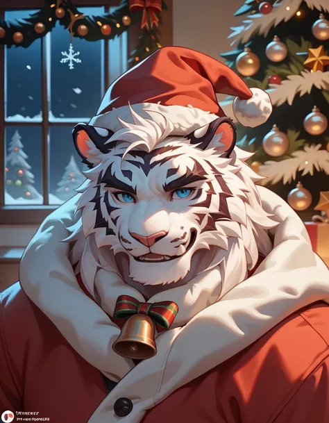 Furry，“White Tiger" ，" white fur”， white fur，blue  eyes，Tiger ears，cute，childhood，lol，Santa hat，Christmas costumes，Christmas tree，snow，Night “half body”，modern，Perfect， top quality，Side face ， eyes