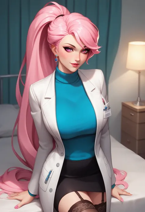  score_9,  score_8,  score_7,   source  _    animated, 1mature_FE, Only 1 woman ,  flirty look,   pink hair ,  ponytail hair ,  Very long hair,  bright pink eyes , Apollo blue sweater  , White doctor&#39;s coat ,  black lace stockings ,   background a hosp...