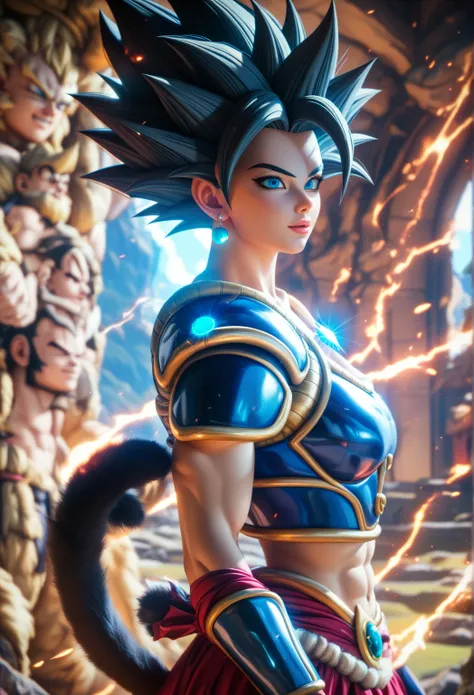 1 female, Beautiful saiyan princess, photoreaistic, young, fair skin, long black hair, blue eyes, monkey tail, black eyeliner, fit. (((Wearing saiyan armor))) Japanese castle background. Wearing glowing pendant. Fully body view.