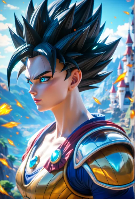 1 female, Beautiful saiyan princess, photoreaistic, young, fair skin, long black hair, blue eyes, monkey tail, black eyeliner, fit. (((Wearing saiyan armor))) Japanese castle background. Wearing glowing pendant. Fully body view.