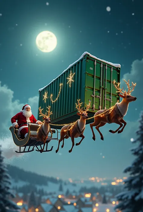 Santa Claus pulling a green shipping container on his sleigh