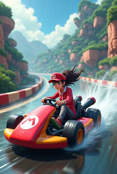 Woman anime  mario kart  high speed  on rainy weather 