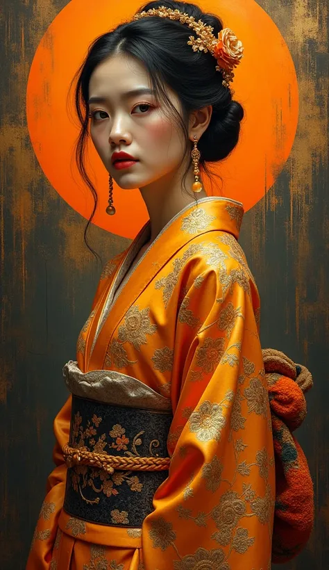 orange and black painting background,  a woman, in the style of richly layered, fashion photography, altarpiece, all-over composition, photorealistic mix paintings, golden hues, elaborate short kimono, closeup body shot