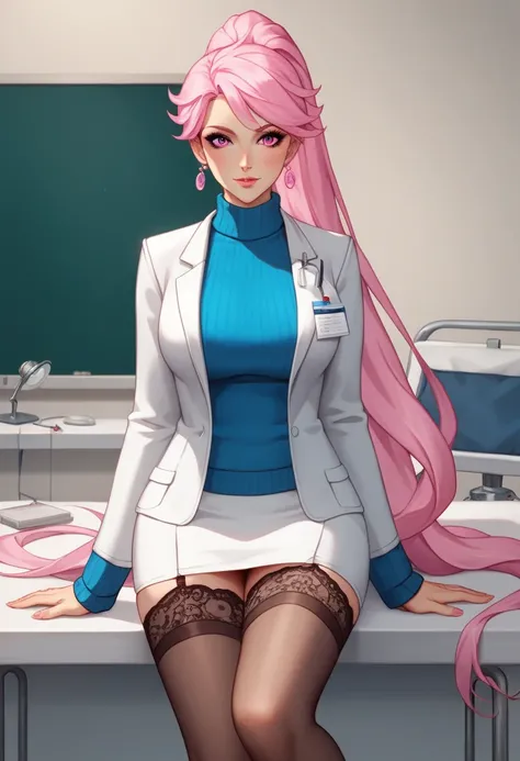  score_9,  score_8,  score_7,   source  _    animated, 1mature_FE, Only 1 woman ,  flirty look,   pink hair ,  ponytail hair ,  Very long hair,  bright pink eyes , Apollo blue sweater  , White doctor&#39;s coat ,  black lace stockings ,   background a hosp...