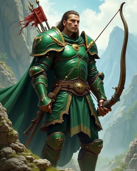  man with green armor, he is an archer.