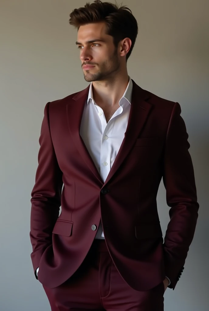 A guy whose face is not visible, is approximately 21 years old, with a good physique and who wears an elegant dark maroon suit.. IT HAS TO LOOK SOOOOOOO REALISTIC . And that the pose looks relaxed and comfortable but realistic.