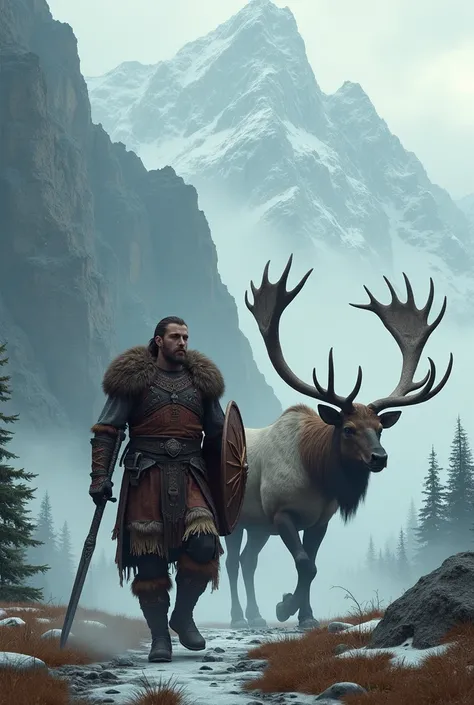 "Paint an epic fantasy scene of a Norwegian warrior leading a giant, battle-ready elk through a misty mountain landscape."