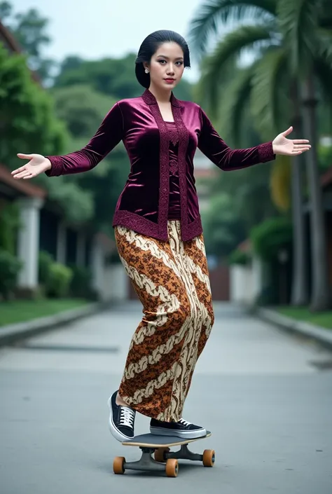 a beautiful young beautiful woman playfully skateboarding perform freestyle trick in a skatepark setting. She is wearing an intricate dark purple glossy satin kebaya with lace embroidery patterns along the front and sleeves, paired with a traditional brown...