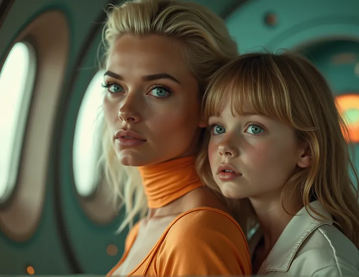 color noir style close up cinematic photograph of a beautiful blonde woman, blue eyes, Grace Kelly style hair, sexy and sculpted body, beautiful breasts, with a retro futuristic light orange bodysuit, with her little daughter of (((ten years old))) in a re...