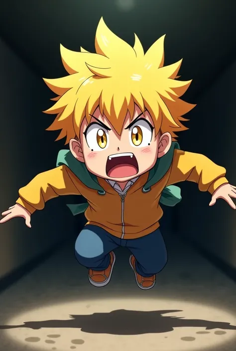 Anime boy with yellow hairs golden eyes jumping scaredly in darkness funny face