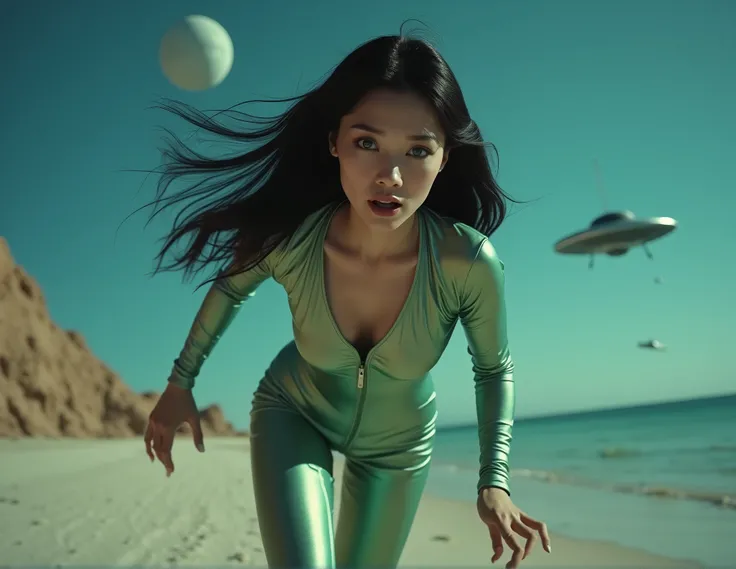 color noir style close up cinematic photograph of a beautiful Chinese woman, green eyes, Michiyo Aratama style hair, sexy and sculpted body, beautiful breasts, in a iridescent wetsuit, running (((scared))) on a desolate beach of an alien planet, two moons ...