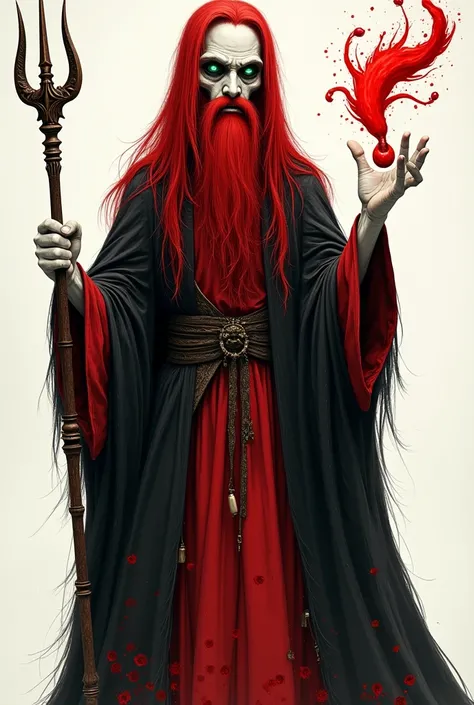 Make an image of the entity Exu Pimenta ,  where he is white ,  he has a medium beard , In the color red ,  he has straight long red hair,  mean eyes in the color greenish ,  human face ,  is holding a trident and pepper in his hand ,  and is wearing black...