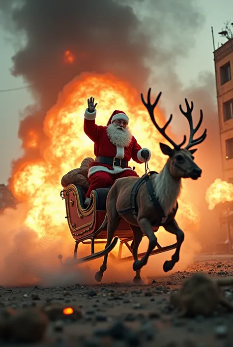 Santa Claus to riding on his sleigh and reindeer being hit by a missile and he caught fire and exploded. Dynamic action view. War film cinematography. extreme details. explosion. fire. flames. 