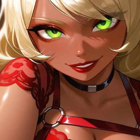  OC, female, semi realism, dark tanned skin, red lips, blonde eyebrows, perfect face, long wavy light Ashe blonde hair with bang,  half-closed Green eyes, evil smile, red glamorous, sweet aesthetic, harness and lace mystic, mystic luminescent, sexy