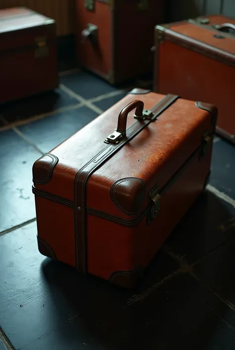 Pictyre of close up suitcase from high angle potrait. On the black tile floor. Warm dark lighting