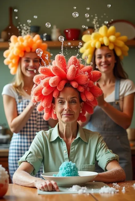 In this surreal and comedic image, a sad and resigned woman sits in the middle of a vibrant kitchen scene. She is distinguished by her strange hairstyle in the form of a large red sponge. Above her stand two smiling and cheerful women, using their sponge h...