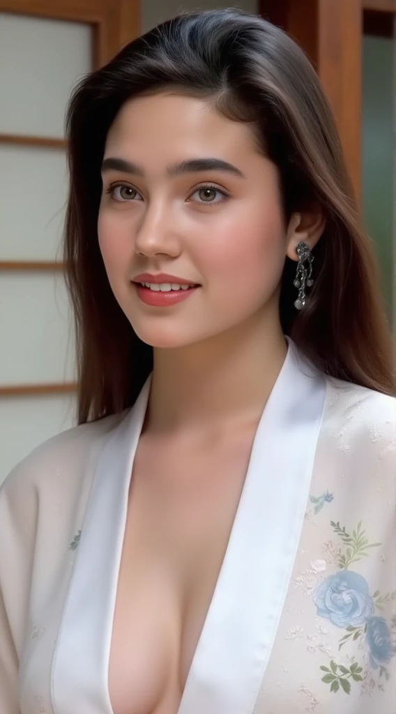 Lovely beautiful girl、Jennifer Connelly at age 15、cute face, cute smile, no make up, stature 165 cm、large breasts, well-proportioned figure、The figure of the hourglass、in a white yukata with the front open、she wear no lingeries, besutiful cleavage, sheer Y...