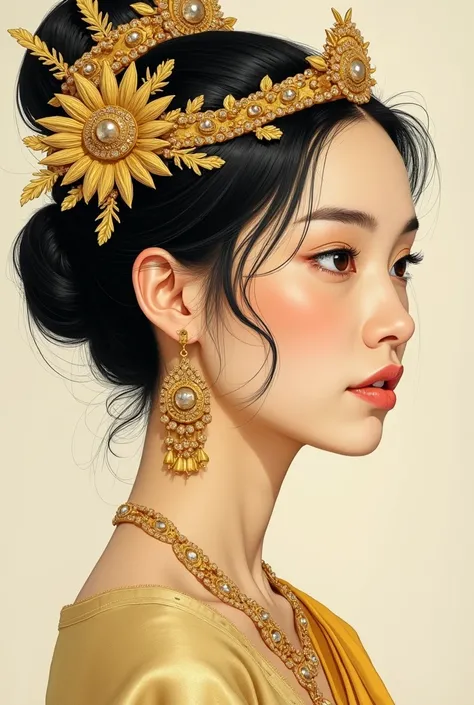 A young woman, likely Asian, with light skin, is depicted in a stylized illustration. She is positioned slightly off-center to the left of the image, looking somewhat to her right. Her expression is calm and serene, and her eyes gaze slightly off into the ...