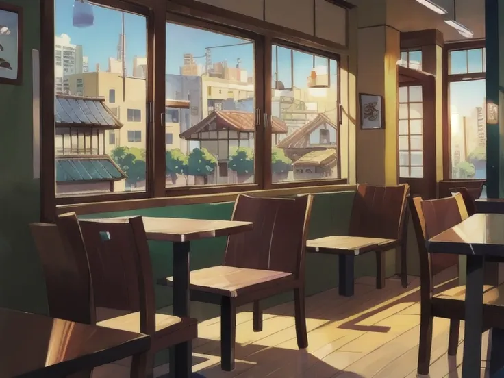 (background only), anime style, coffee shop, window view, only background