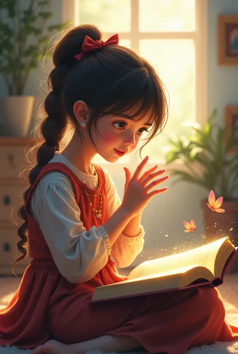 A girl reads a book .. hajbi girl ..with little mystrous and also brightesn and happimess .. and uses her hand like anlyzing what she read 