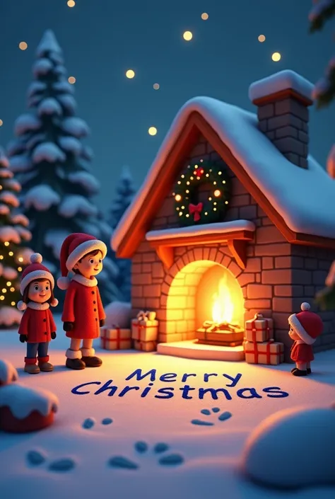 End Scene 3d cinematic cartoon images,
Families gathered around a warm fireplace, exchanging gifts and enjoying the holiday.

A message like "Merry Christmas" written in the snow with footprints nearby