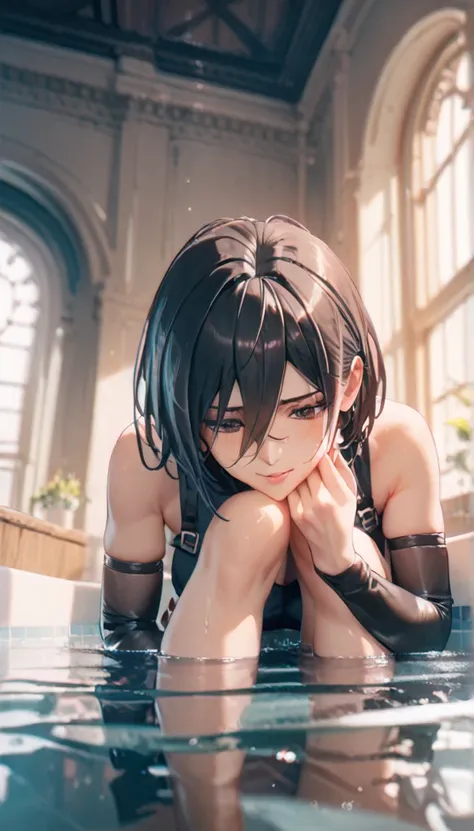  Anime Woman ,  Mikasa Ackerman, thigh boots, elbow gloves, Stomping of feet on face, straddling on face, Push your head under the bath water, From below, looking down