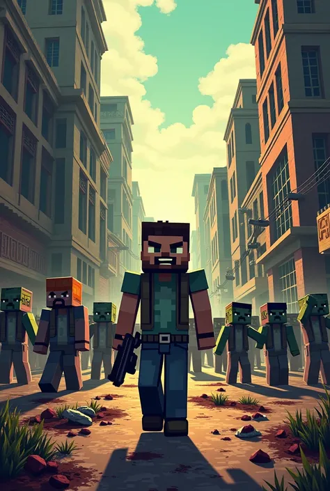 Use cartoon and  Minecraft styles，design《The Walking Dead》Role in
The background uses Minecraft style
Attacking zombies
Text headings：MineWar 
