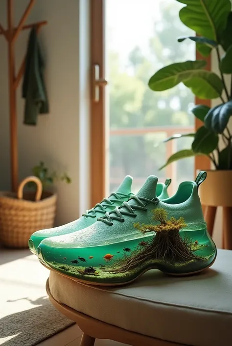 A photorealistic image of futuristic sport shoes with transparent soles, showcased on a cozy entryway bench in a modern home. The transparent soles reveal a meticulously detailed miniature mangrove ecosystem, complete with tangled roots, tiny fish, and cra...