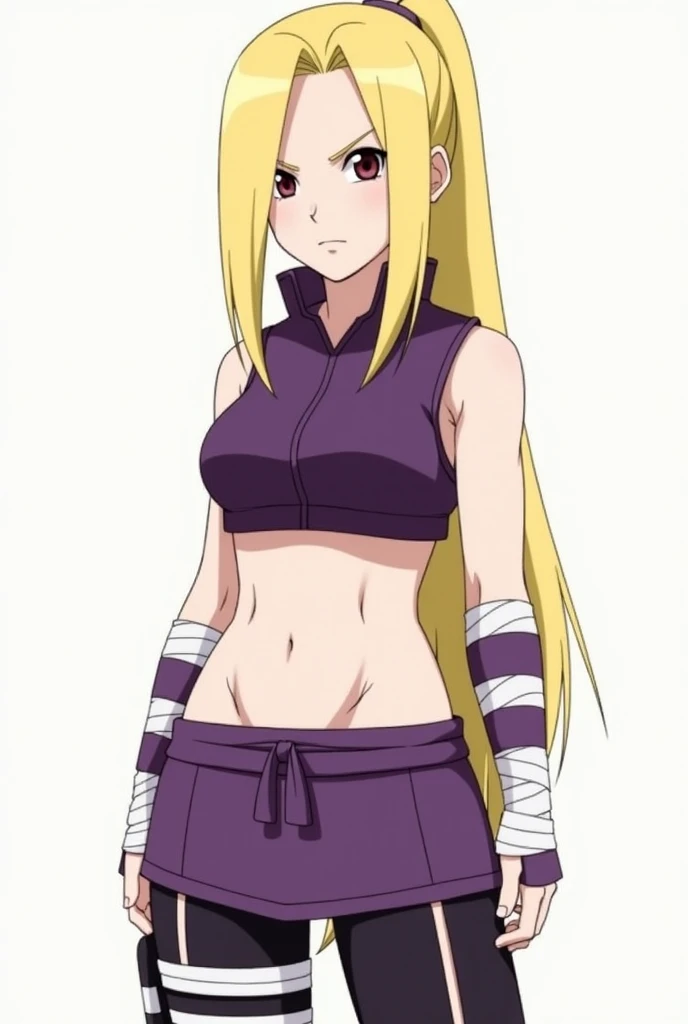 Imagine Deidara ,  a man of average height ,  with long blond hair tied in a side ponytail and a fringe that partially covers her eye left ,  wearing the traditional clothes of Ino Yamanaka .

Description of clothes:

Top:  Deidara wears a purple sleeveles...