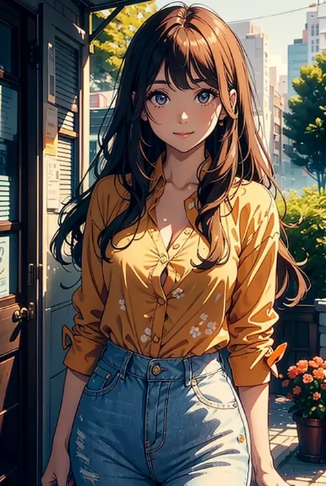 An image of a young woman with soft wavy hair and a welcoming expression. She wears a floral-patterned orange shirt, slightly unbuttoned for a casual look. Her makeup is refined but natural, highlighting her eyes and soft smile. The womans head is subtly t...