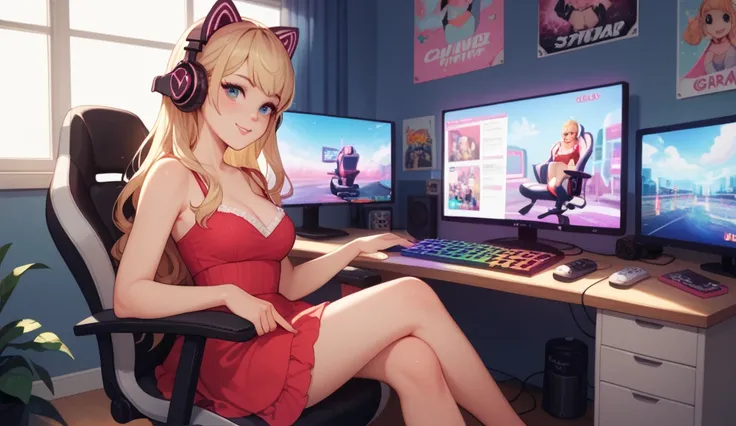 An anime-style blonde streamer girl with long hair sitting comfortably on a pink gaming chair in her cozy gaming room. She is wearing a knee-length red dress and is at her desk with four monitors, one of which is positioned vertically. A cute cat is sittin...