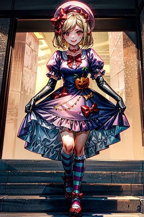 (masterpiece),(best quality), lambdadelta, dress, shoes bow, red shoes, striped stockings, red bow, pink hat, pumpkin brooch, necklace, gloves, pearl, walking, smile, stairs, temple, mountain, forest, looking at the viewer,