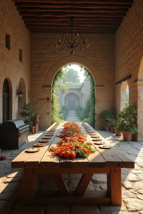 modelshoot style, (extremely detailed CG 8k wallpaper), in the center of the room a wide and long wooden table with food scraps, An old and wide room, with stone walls and little high, without ceiling, at the back of the room there are Roman stone arches i...