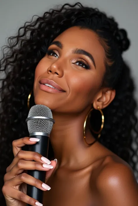  Black Woman, 25 years, sexy, vain, made up, long frilled hair , Peach lipstick mouth ,  large gold hoop earring,  henna eyebrow ,  false eyelashes,  low cut red blouse ,  journalist holding a microphone,  nails Acrigel large light color,  head tilted back...