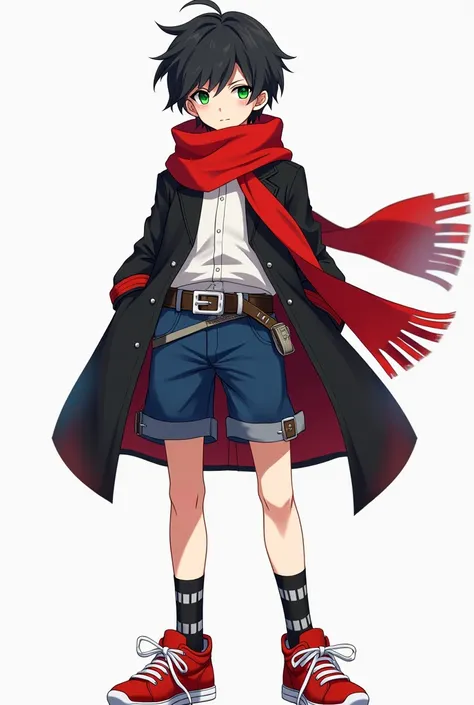 Short haired anime boy, Blue color,  green eyes,  red scarf , black coat, black and red sleeve , white shirt, belt, blue shorts,  black and white socks and red sneakers