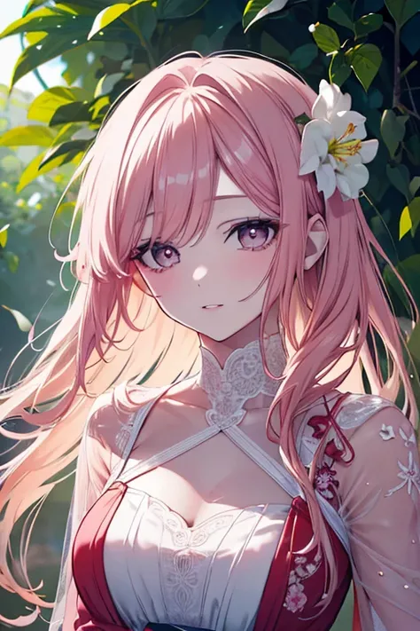 A beautiful woman standing in a lush garden, wearing a stunning pink dress, her long hair flowing in the breeze, her expression shy and bashful, (best quality,4k,8k,highres,masterpiece:1.2),ultra-detailed,(realistic,photorealistic,photo-realistic:1.37),det...